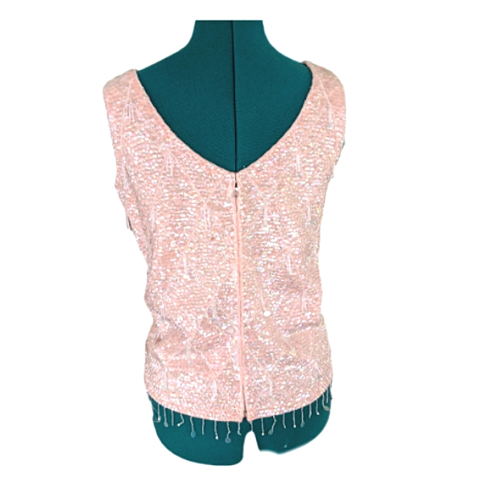 Vintage Creations Harilela's Petal Pink Sequin Tank Lambswool Beaded Fringe Sz M